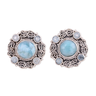 Larimar and blue topaz button earrings, 'Transcendent Sky' - Button Earrings with Larimar and Blue Topaz from India