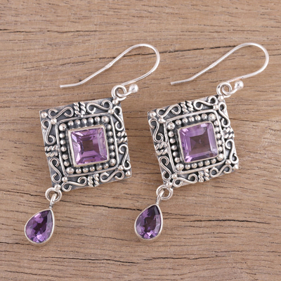Amethyst dangle earrings, 'Castle Walk' - Artisan Crafted Sterling Silver and Amethyst Earrings