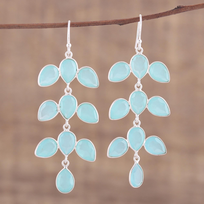Chalcedony chandelier earrings, 'Leaf Cascade' - Long Aqua Blue Chalcedony Chandelier Earrings