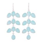 Chalcedony chandelier earrings, 'Leaf Cascade' - Long Aqua Blue Chalcedony Chandelier Earrings