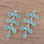 Chalcedony chandelier earrings, 'Leaf Cascade' - Long Aqua Blue Chalcedony Chandelier Earrings