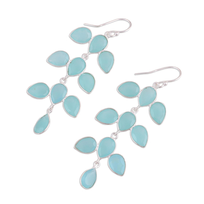Chalcedony chandelier earrings, 'Leaf Cascade' - Long Aqua Blue Chalcedony Chandelier Earrings