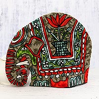 Chain stitched wool tea cozy, 'Marching Elephant in Orange' - Indian Chain Stitched 100% Wool and Cotton Elephant Tea Cozy