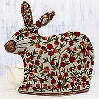 Chain stitched wool tea cozy, 'Hopping Rabbit' - Indian Chain Stitched 100% Wool and Cotton Rabbit Tea Cozy