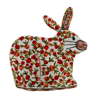 Chain stitched wool tea cozy, 'Hopping Rabbit' - Indian Chain Stitched 100% Wool and Cotton Rabbit Tea Cozy