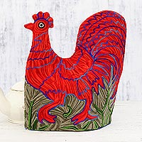 Chain stitched wool tea cozy, 'Morning Rooster' - Indian Chain Stitched Wool and Cotton Red Rooster Tea Cozy