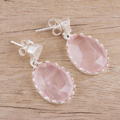 Rose quartz dangle earrings, 'Cherish Me' - Rose Quartz and Sterling Silver Dangle Earrings from India