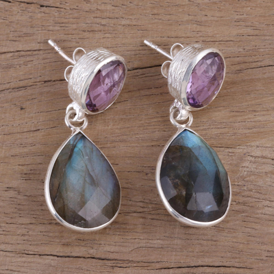 Amethyst and labradorite dangle earrings, 'Lavender Alliance' - 23 Carat Amethyst and Labradorite Dangle Earrings