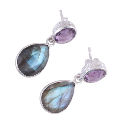 Amethyst and labradorite dangle earrings, 'Lavender Alliance' - 23 Carat Amethyst and Labradorite Dangle Earrings