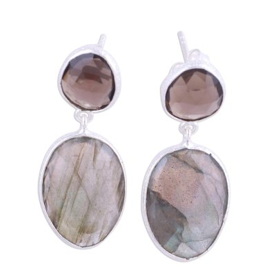Labradorite and smoky quartz dangle earrings, 'Smoke and Mist' - Textured Silver Labradorite and Smoky Quartz Earrings