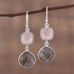 Labradorite and rose quartz dangle earrings, 'Rosy Dusk' - Labradorite and Rose Quartz Silver Dangle Earrings