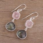 Labradorite and rose quartz dangle earrings, 'Rosy Dusk' - Labradorite and Rose Quartz Silver Dangle Earrings