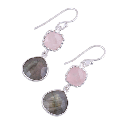 Labradorite and rose quartz dangle earrings, 'Rosy Dusk' - Labradorite and Rose Quartz Silver Dangle Earrings