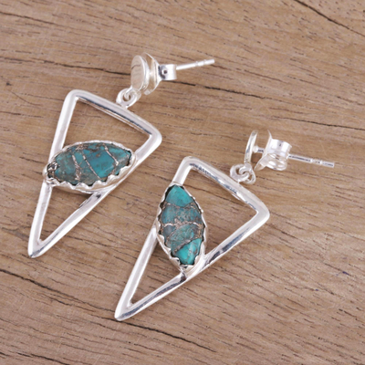 Sterling silver dangle earrings, 'Triangulation in Blue' - Sterling Silver Dangle Earrings with Composite Turquoise