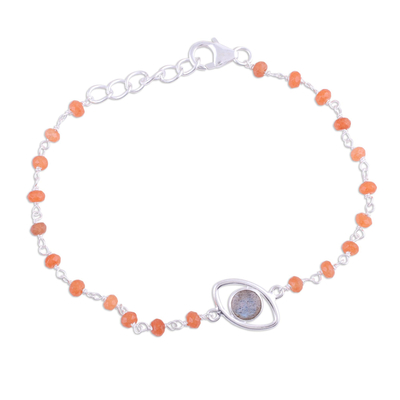 Labradorite and carnelian pendant bracelet, 'All Eyes on You' - Sterling Silver Bracelet with Labradorite and Carnelian