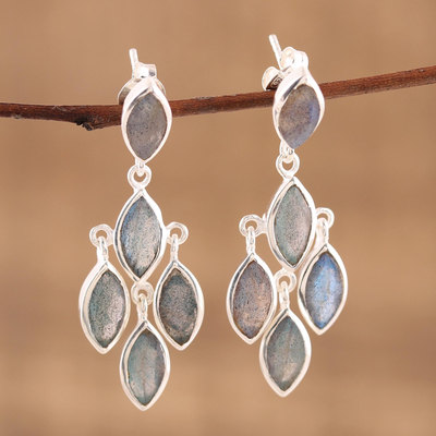 Labradorite chandelier earrings, 'Misty Marquise' - Stunning Ten Carat Labradorite Chandelier Earrings