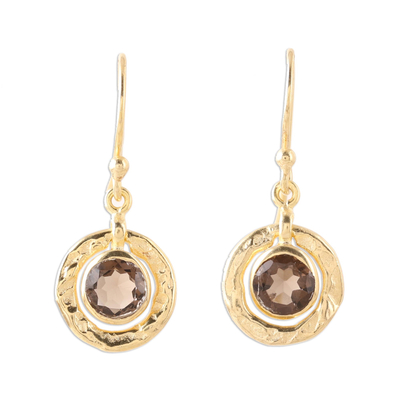 Gold plated smoky quartz dangle earring, 'Smoky Charm' - 18k Gold Plated Smoky Quartz Dangle Earrings