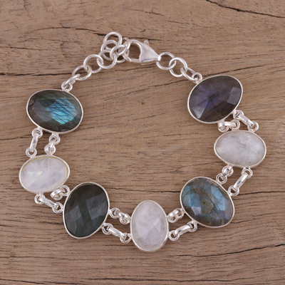 Rainbow moonstone and labradorite link bracelet, 'Moonlight and Mist' - Link Bracelet with Rainbow Moonstone and Labradorite