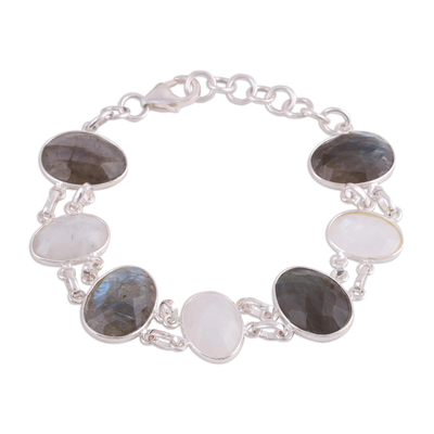 Rainbow moonstone and labradorite link bracelet, 'Moonlight and Mist' - Link Bracelet with Rainbow Moonstone and Labradorite