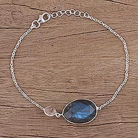 Labradorite and rose quartz pendant bracelet, 'Mist and Mystery' - Sterling Silver Labradorite and Rose Quartz Pendant Bracelet