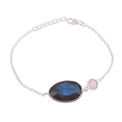 Labradorite and rose quartz pendant bracelet, 'Mist and Mystery' - Sterling Silver Labradorite and Rose Quartz Pendant Bracelet