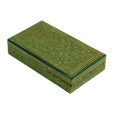 Wood decorative box, 'Kashmir Gold' - Gold and Black Floral Decorative Wood Box from India