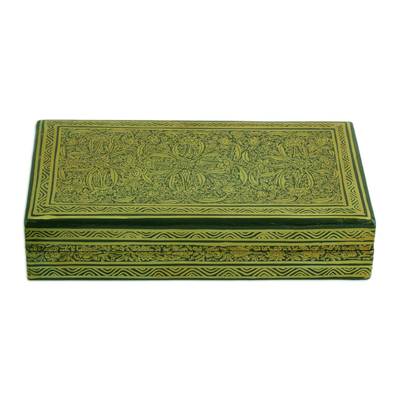 Wood decorative box, 'Kashmir Gold' - Gold and Black Floral Decorative Wood Box from India