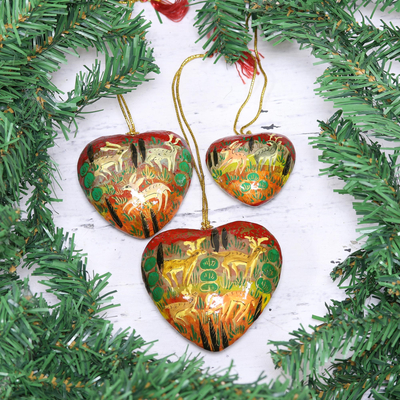 Papier mache ornaments, 'Jungle Christmas' (set of 3) - Heart Shaped Ornaments with Jungle Motifs (Set of 3)