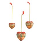 Papier mache ornaments, 'Jungle Christmas' (set of 3) - Heart Shaped Ornaments with Jungle Motifs (Set of 3)