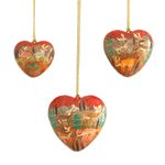 Papier mache ornaments, 'Jungle Christmas' (set of 3) - Heart Shaped Ornaments with Jungle Motifs (Set of 3)