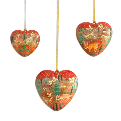Papier mache ornaments, 'Jungle Christmas' (set of 3) - Heart Shaped Ornaments with Jungle Motifs (Set of 3)