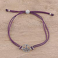 Sterling silver pendant bracelet, 'Peaceful Gleam in Purple' - Sterling Silver Peace Pendant Bracelet with Purple Cords