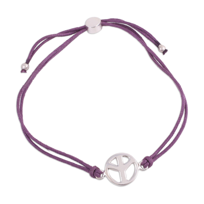 Sterling Silver Peace Pendant Bracelet with Purple Cords