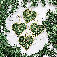 Four Heart-Shaped Beaded Ornaments in Green from India,'Green Hearts'