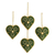 Embroidered velvet ornaments, 'Green Hearts' (set of 4) - Four Heart-Shaped Beaded Ornaments in Green from India