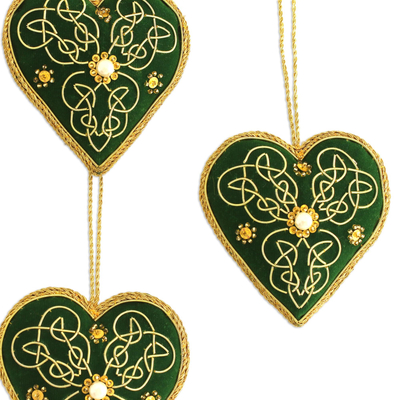Embroidered velvet ornaments, 'Green Hearts' (set of 4) - Four Heart-Shaped Beaded Ornaments in Green from India