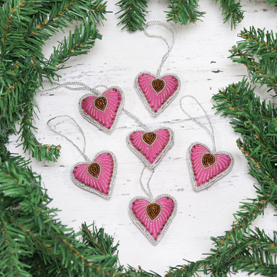 Embroidered ornaments, Beaded Hearts (set of 6)