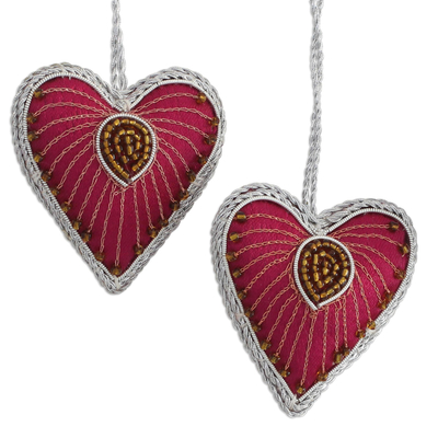 Embroidered ornaments, 'Beaded Hearts' (set of 6) - Six Heart-Shaped Beaded Ornaments from India