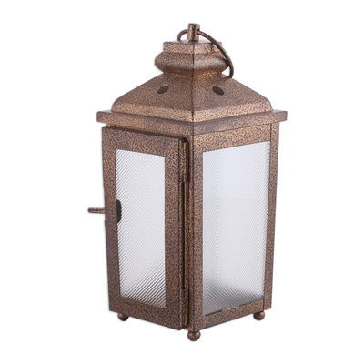 Steel tealight lantern, 'Traveler's Light' - Handcrafted Steel and Glass Lantern from India