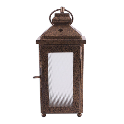 Steel tealight lantern, 'Traveler's Light' - Handcrafted Steel and Glass Lantern from India