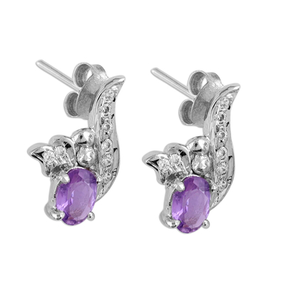 Amethyst drop earrings, 'Sparkle Swirls' - Amethyst and CZ Drop Earrings from India