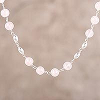 Rose quartz link necklace, 'Elegant Orbs' - Rose Quartz and Sterling Silver Link Necklace from India