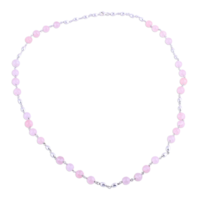 Rose quartz link necklace, 'Elegant Orbs' - Rose Quartz and Sterling Silver Link Necklace from India