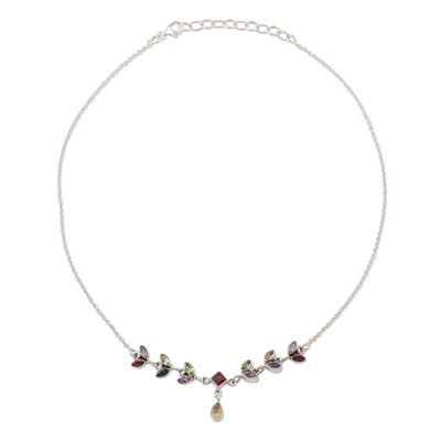 Multi-gemstone pendant necklace, 'Sparkling Leaves' - Garnet Amethyst Iolite Peridot and Citrine Leaves Necklace