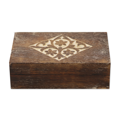 Wood decorative box, 'Blossoming Rhombus' - Handcrafted Floral Mango Wood Decorative Box from India
