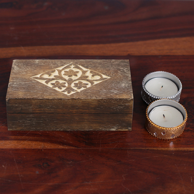 Dekorative Box aus Holz - Handgefertigte dekorative Box aus Mangoholz mit Blumenmuster aus Indien