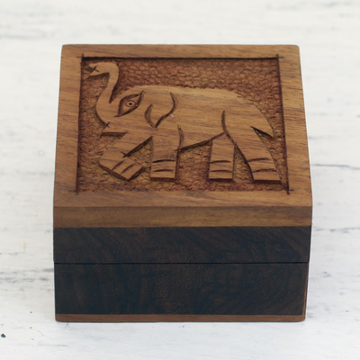Wood decorative box, 'Elephant Strut' - Elephant-Themed Acacia Wood Decorative Box from India