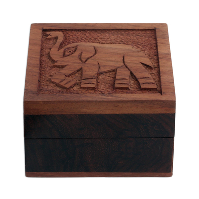 Wood decorative box, 'Elephant Strut' - Elephant-Themed Acacia Wood Decorative Box from India