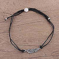 Sterling silver pendant bracelet, 'Black Leaves in Winter' - Artisan Leaf Theme Black Cord Bracelet with Sterling Silver