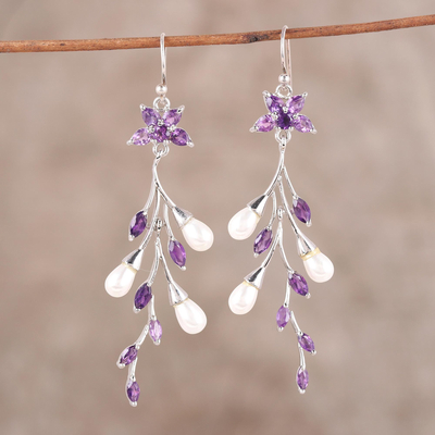 Amethyst and cultured pearl dangle earrings, Lilac Branch